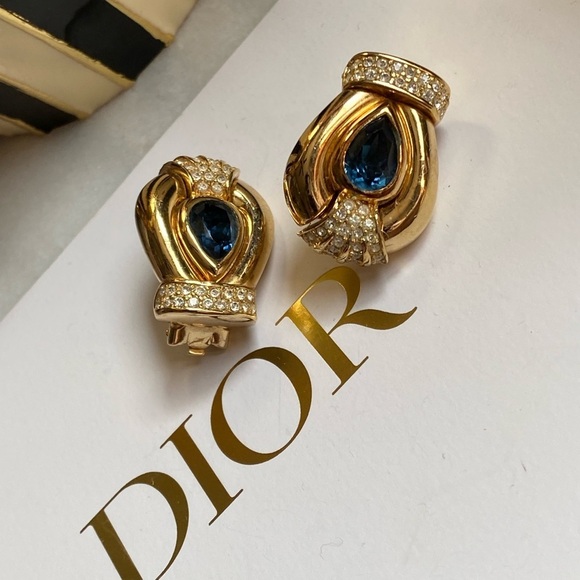 VINTAGE Christian Dior gold tone blue and clear crystals clip on earrings - Picture 1 of 16